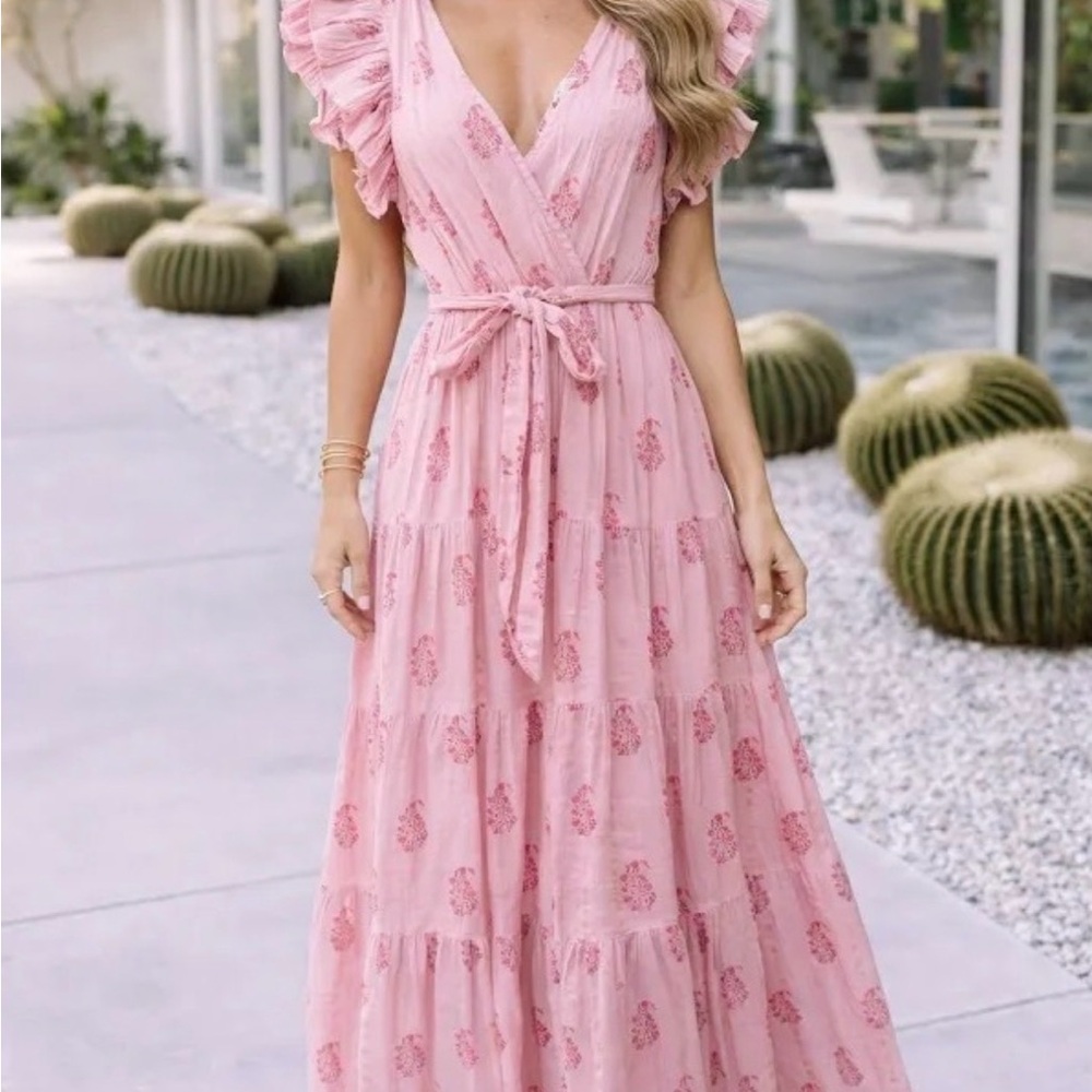 Blush Pink Ruffled Sleeve Maxi Wrap Dress